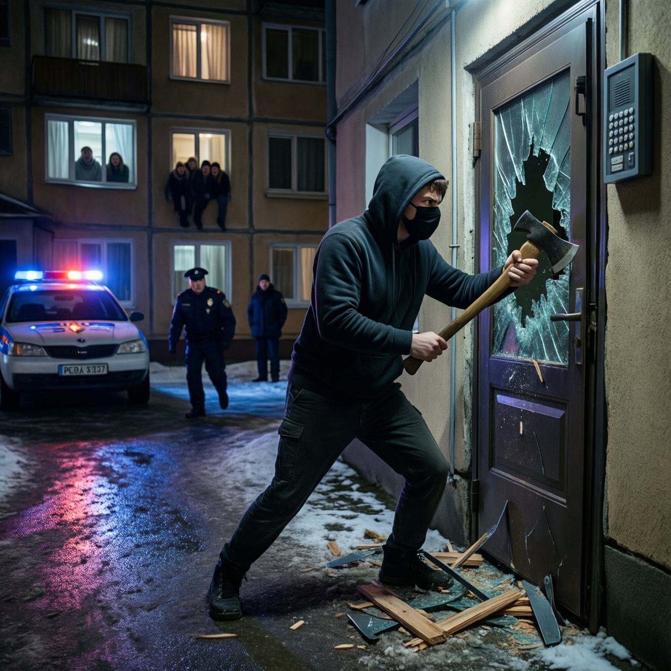 В Петрозаводске полиция разыскала парня в маске, ломившегося с топором в подъезд
